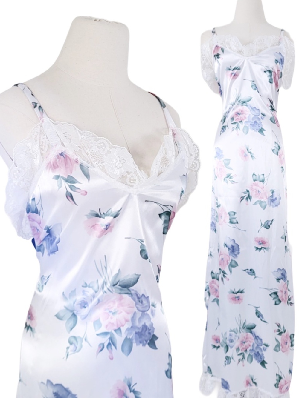 Vintage Maxi Slip Nightgown Dress Size Medium White Floral